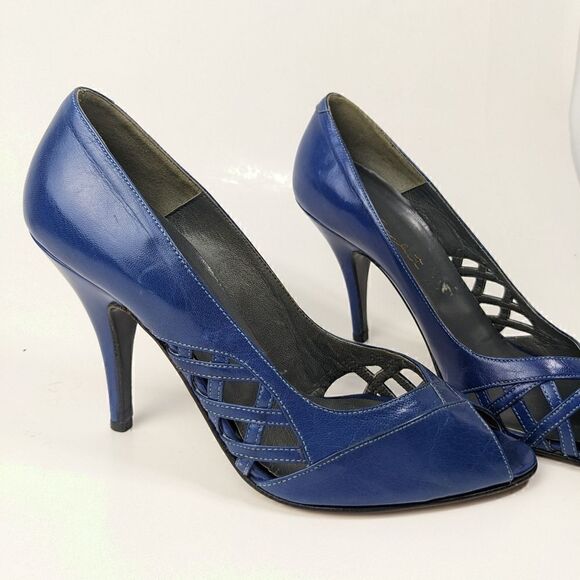cobalt blue low heel italian leather shoe peep toe vintage size 5 retro fancy - Picture 5 of 10